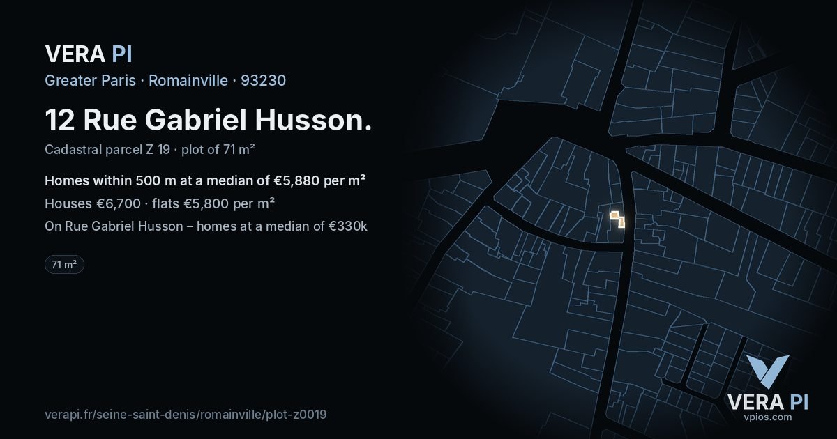 12 Rue Gabriel Husson, Romainville at night – the plot lit, the parcels around coloured by the prices near them