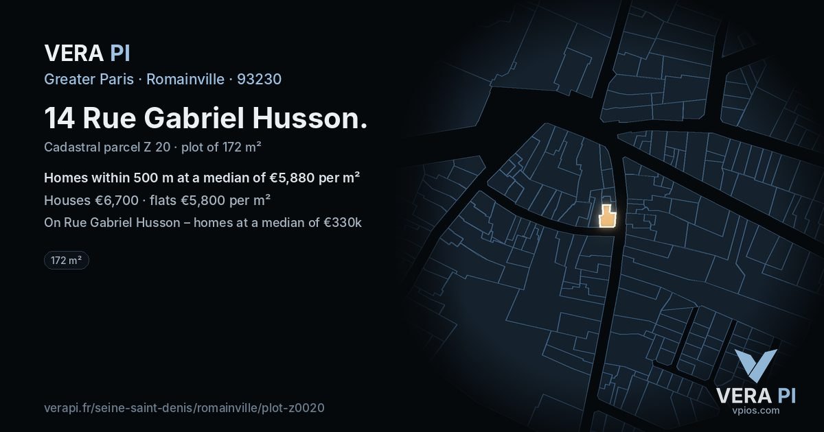 14 Rue Gabriel Husson, Romainville at night – the plot lit, the parcels around coloured by the prices near them
