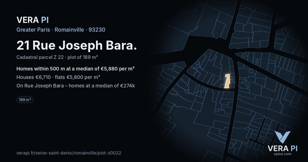 21 Rue Joseph Bara, Romainville at night – the plot lit, the parcels around coloured by the prices near them