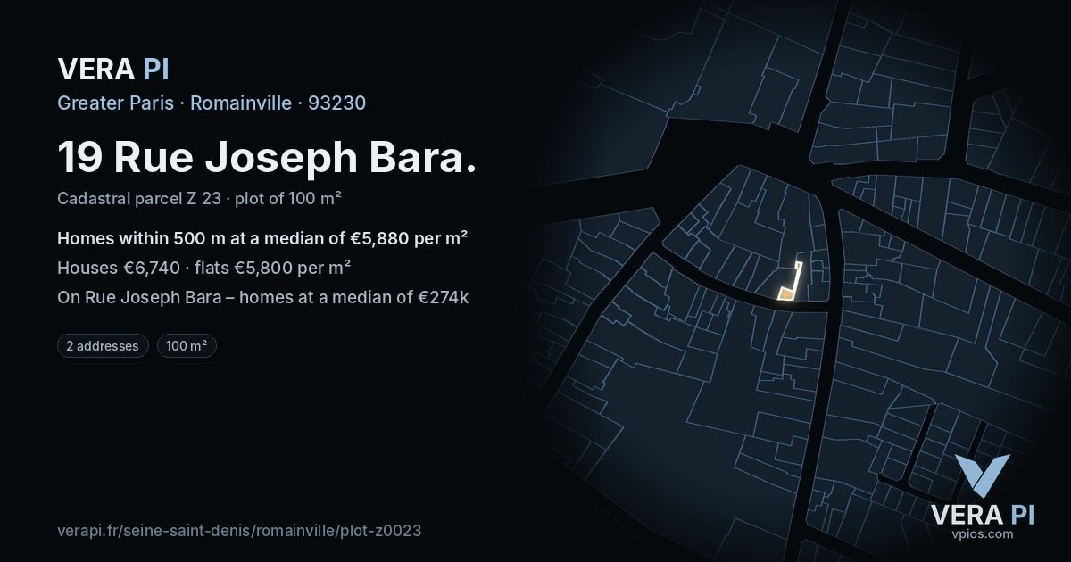 19 Rue Joseph Bara, Romainville at night – the plot lit, the parcels around coloured by the prices near them