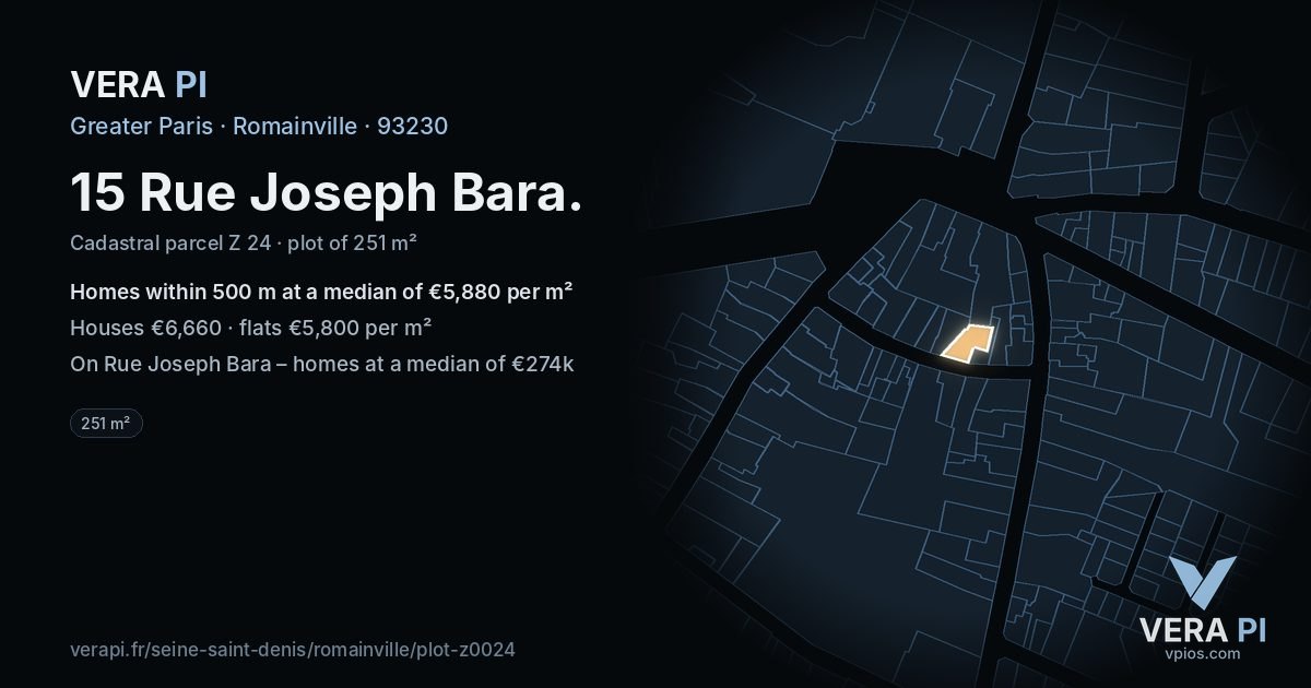 15 Rue Joseph Bara, Romainville at night – the plot lit, the parcels around coloured by the prices near them