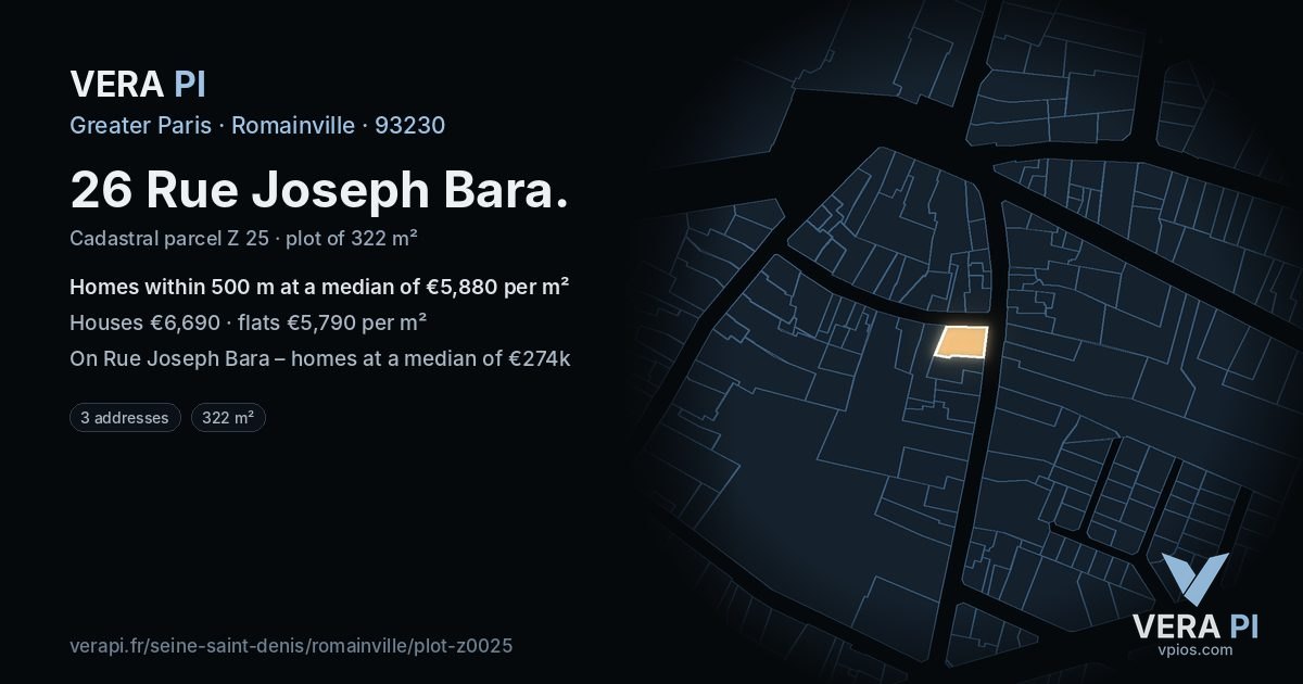 26 Rue Joseph Bara, Romainville at night – the plot lit, the parcels around coloured by the prices near them