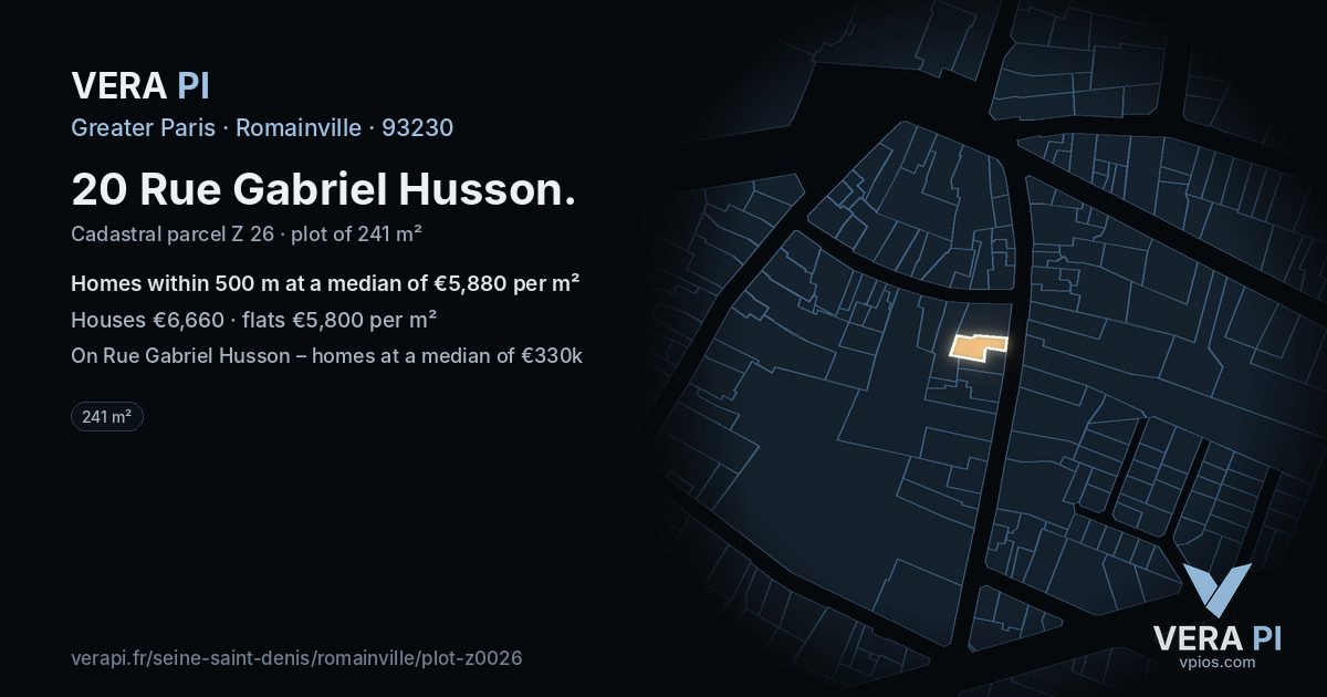 20 Rue Gabriel Husson, Romainville at night – the plot lit, the parcels around coloured by the prices near them