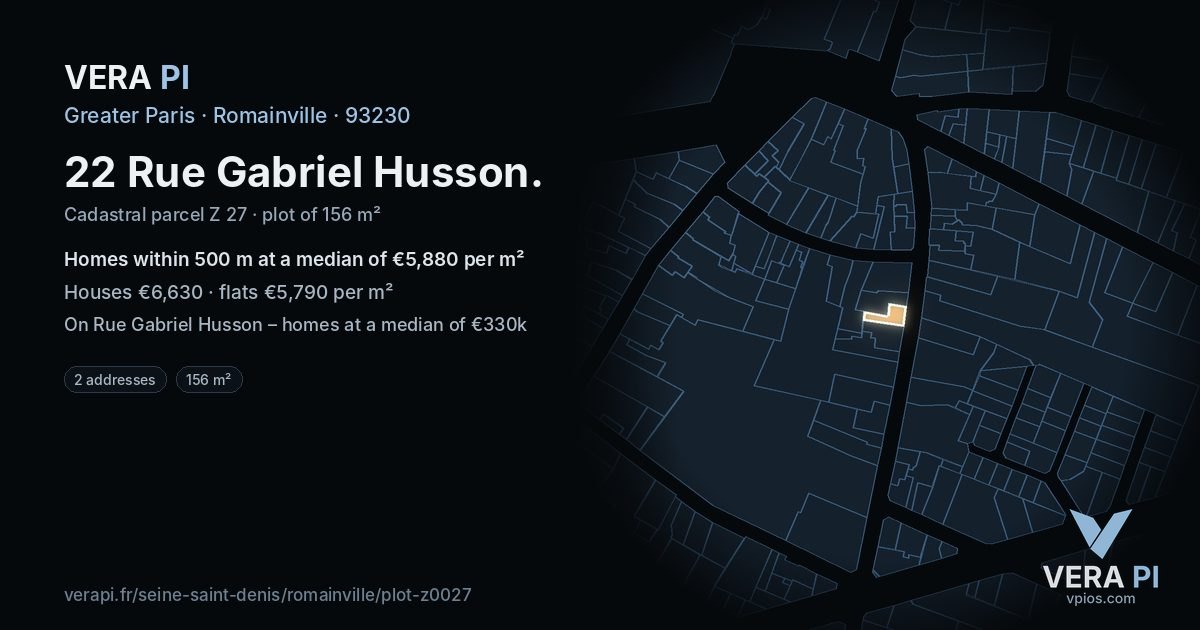 22 Rue Gabriel Husson, Romainville at night – the plot lit, the parcels around coloured by the prices near them