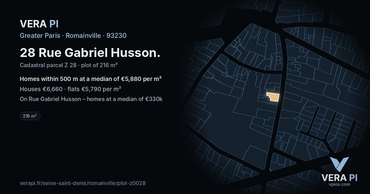 28 Rue Gabriel Husson, Romainville at night – the plot lit, the parcels around coloured by the prices near them