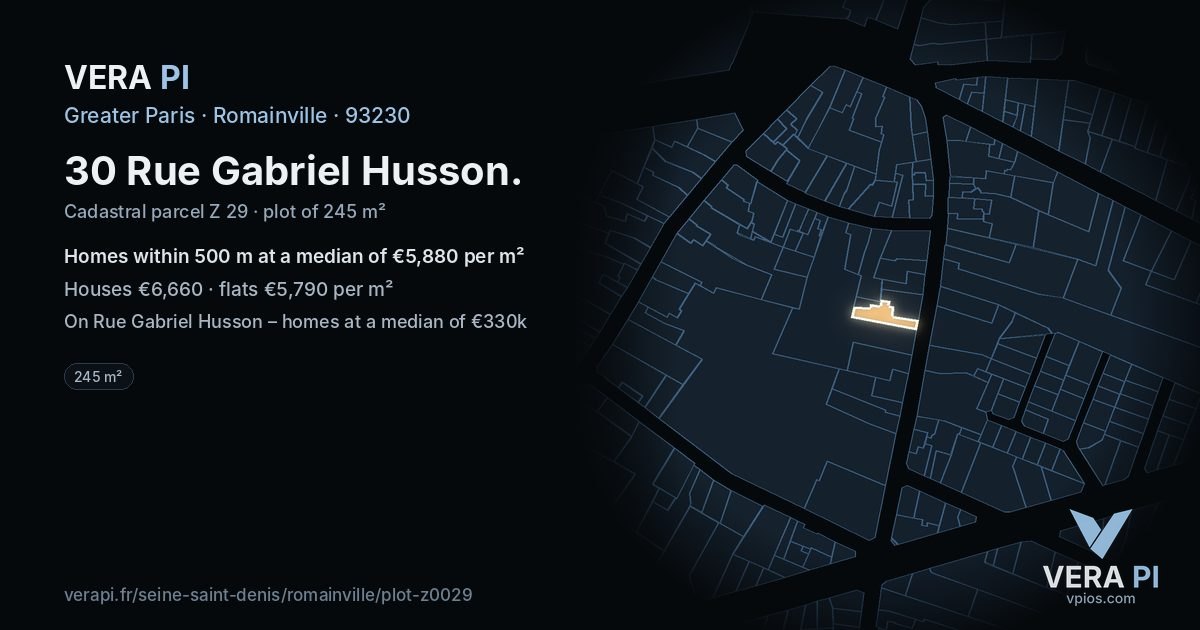 30 Rue Gabriel Husson, Romainville at night – the plot lit, the parcels around coloured by the prices near them