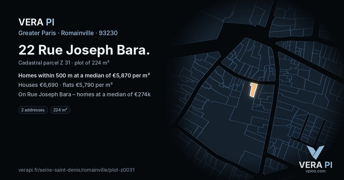 22 Rue Joseph Bara, Romainville at night – the plot lit, the parcels around coloured by the prices near them