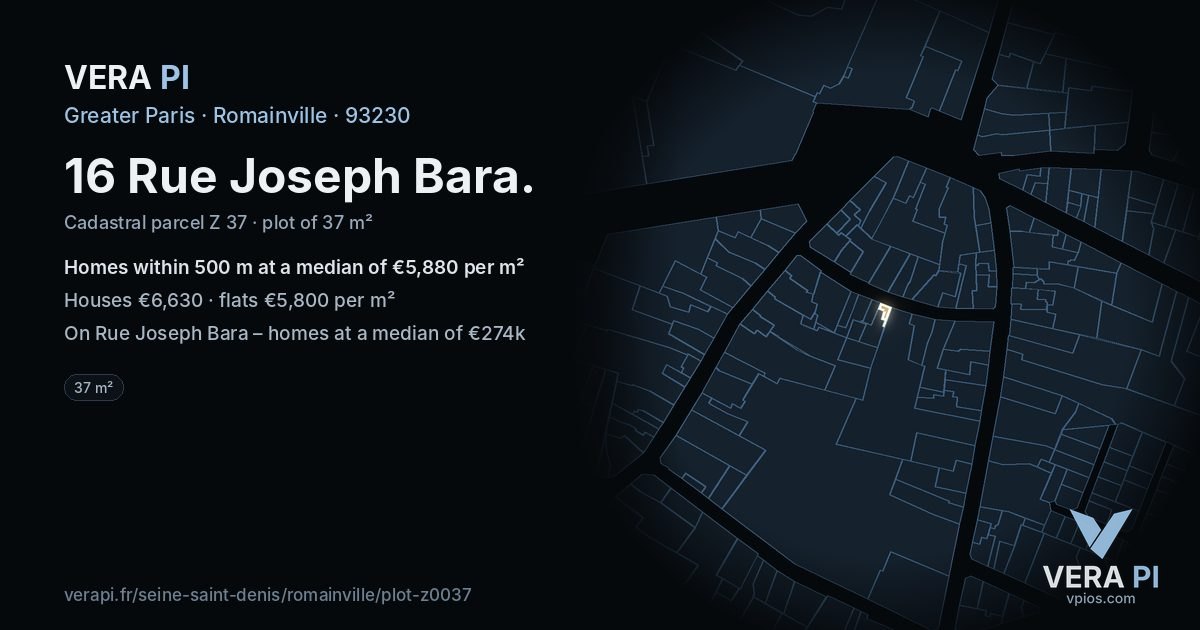 16 Rue Joseph Bara, Romainville at night – the plot lit, the parcels around coloured by the prices near them