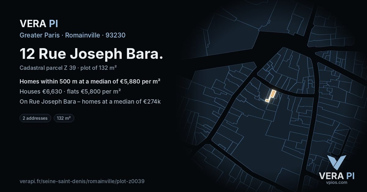 12 Rue Joseph Bara, Romainville at night – the plot lit, the parcels around coloured by the prices near them