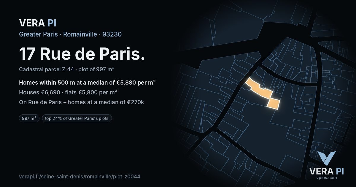 17 Rue de Paris, Romainville at night – the plot lit, the parcels around coloured by the prices near them