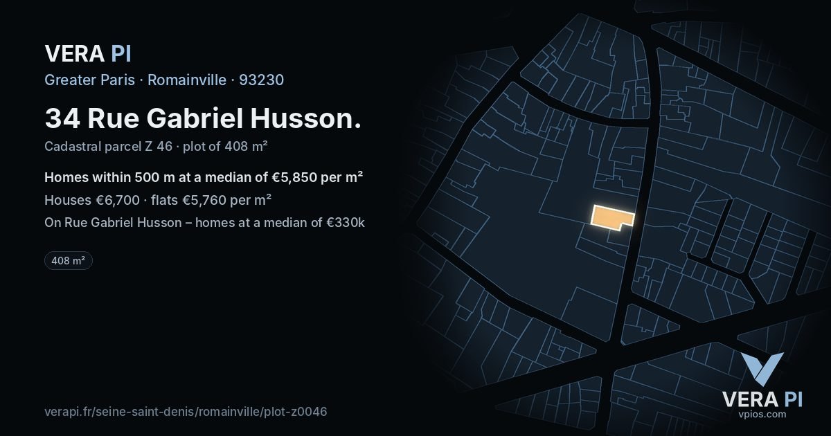 34 Rue Gabriel Husson, Romainville at night – the plot lit, the parcels around coloured by the prices near them
