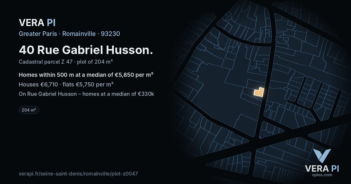 40 Rue Gabriel Husson, Romainville at night – the plot lit, the parcels around coloured by the prices near them