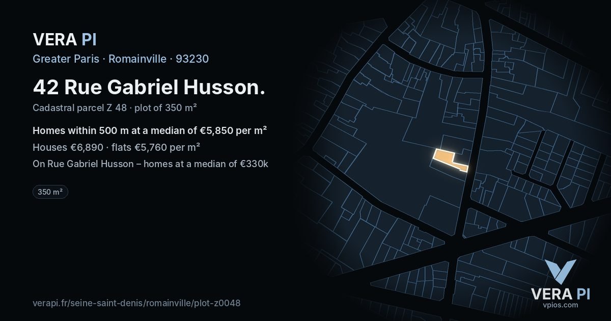 42 Rue Gabriel Husson, Romainville at night – the plot lit, the parcels around coloured by the prices near them