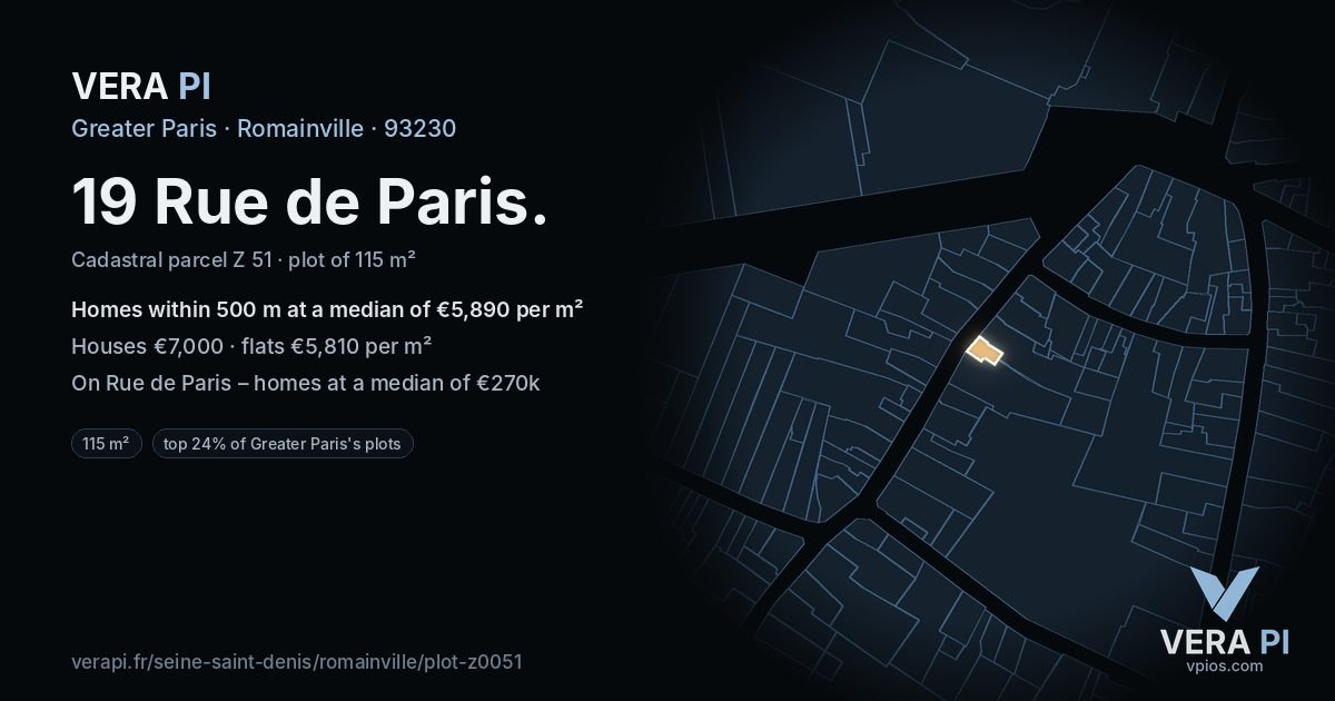 19 Rue de Paris, Romainville at night – the plot lit, the parcels around coloured by the prices near them