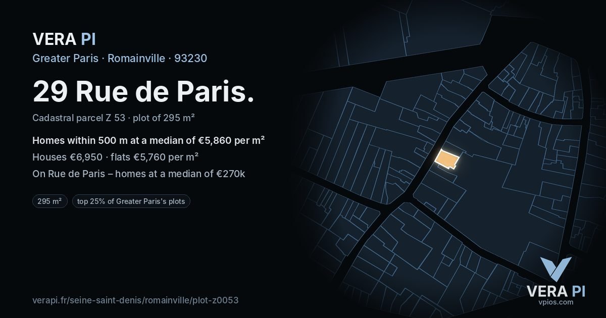 29 Rue de Paris, Romainville at night – the plot lit, the parcels around coloured by the prices near them