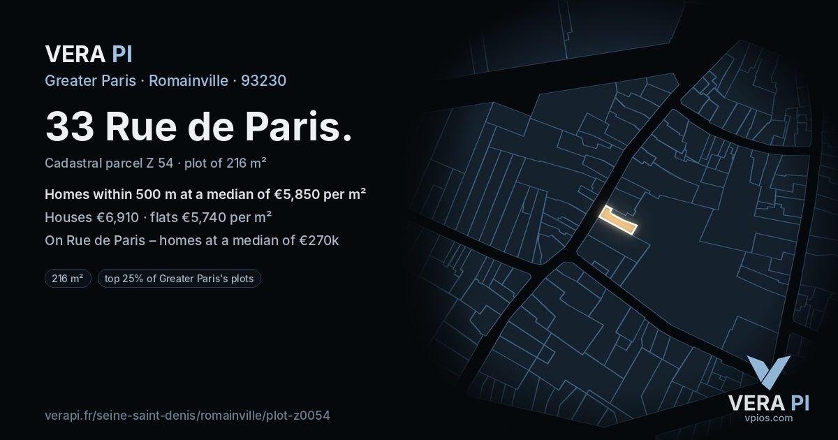 33 Rue de Paris, Romainville at night – the plot lit, the parcels around coloured by the prices near them