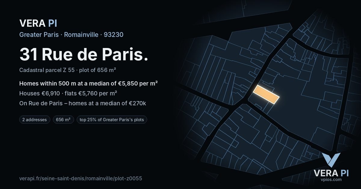 31 Rue de Paris, Romainville at night – the plot lit, the parcels around coloured by the prices near them