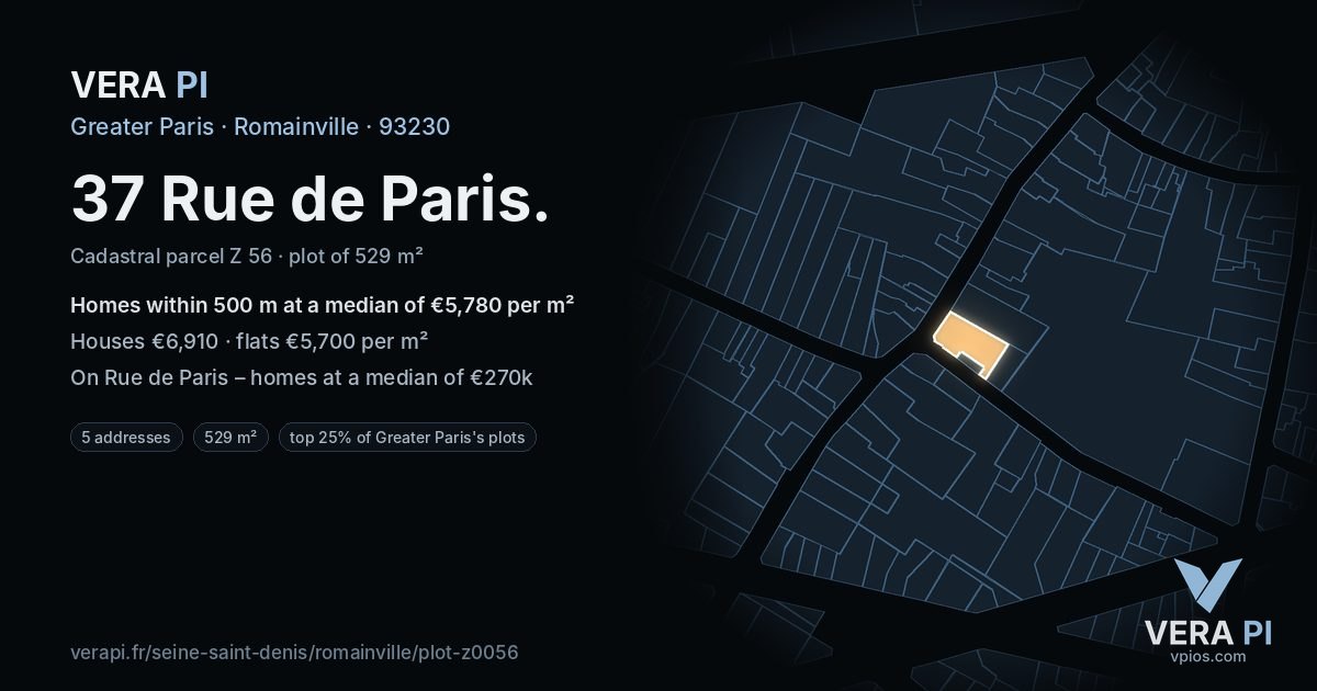37 Rue de Paris, Romainville at night – the plot lit, the parcels around coloured by the prices near them