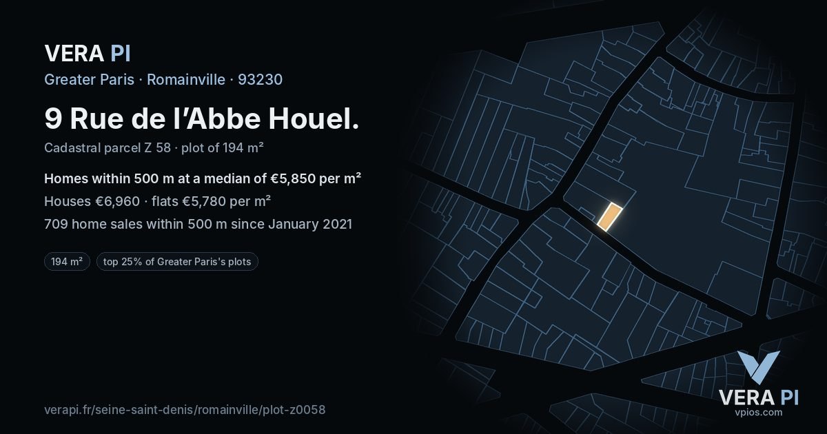 9 Rue de l’Abbe Houel, Romainville at night – the plot lit, the parcels around coloured by the prices near them