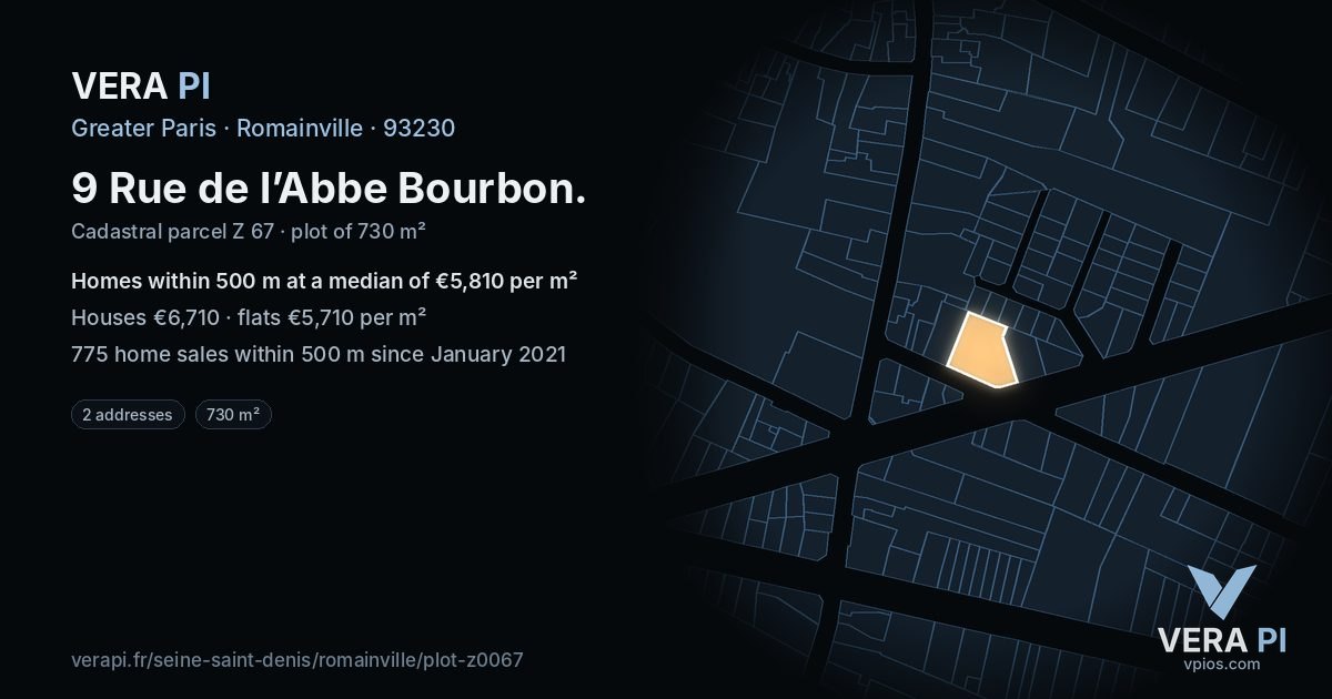 9 Rue de l’Abbe Bourbon, Romainville at night – the plot lit, the parcels around coloured by the prices near them