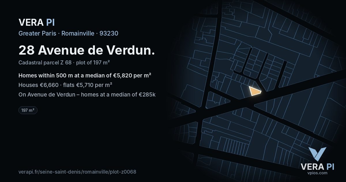 28 Avenue de Verdun, Romainville at night – the plot lit, the parcels around coloured by the prices near them