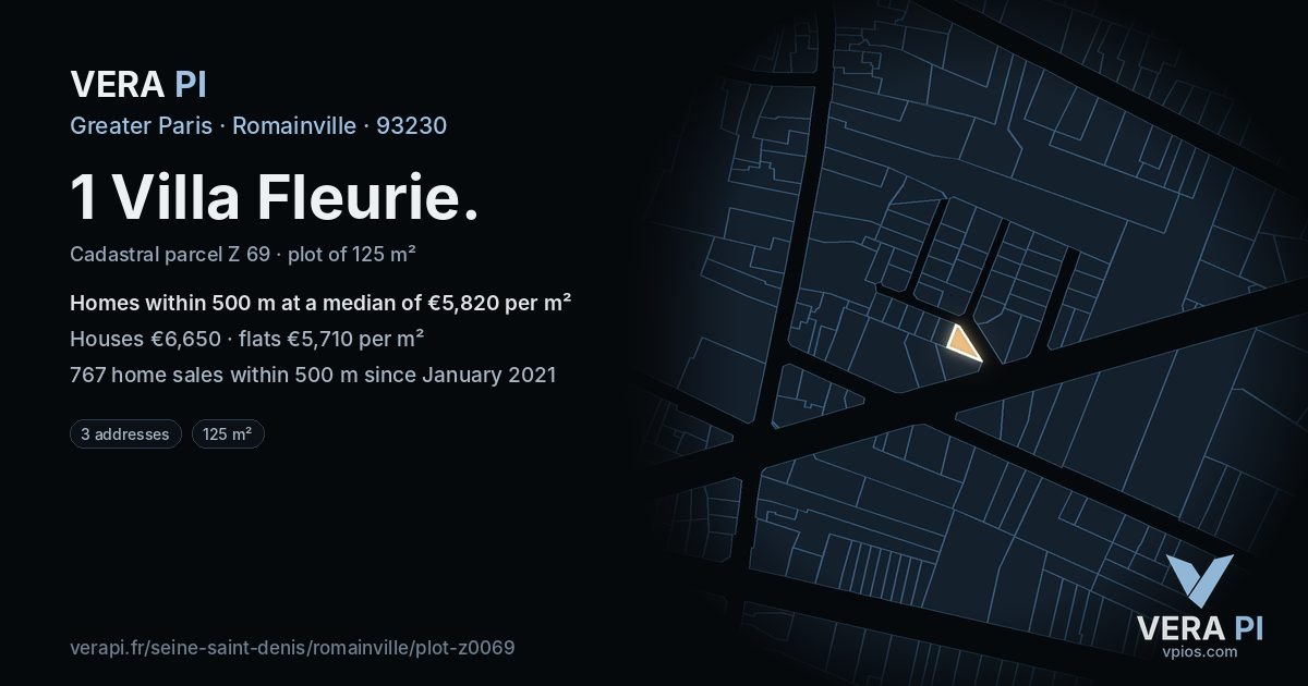 1 Villa Fleurie, Romainville at night – the plot lit, the parcels around coloured by the prices near them