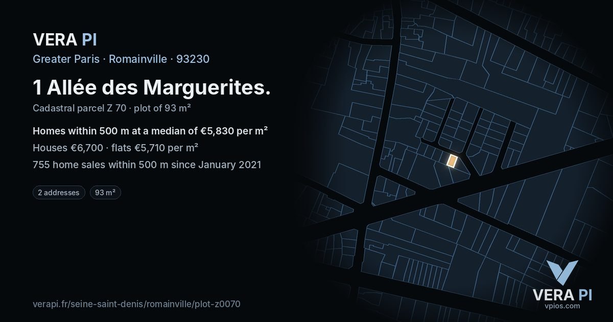 1 Allée des Marguerites, Romainville at night – the plot lit, the parcels around coloured by the prices near them