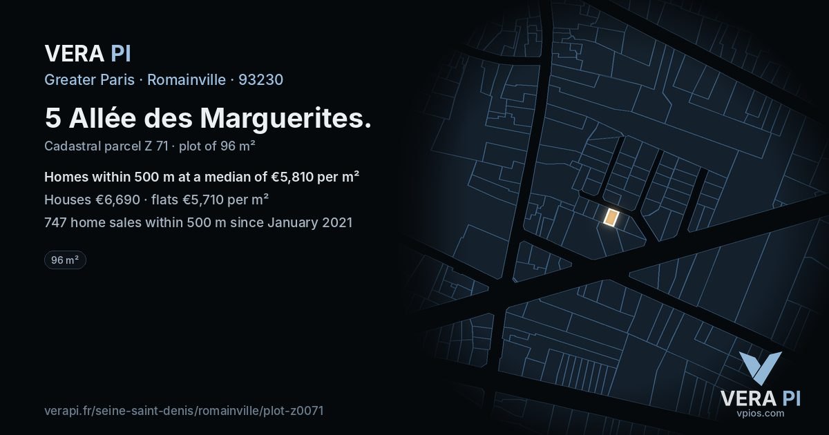 5 Allée des Marguerites, Romainville at night – the plot lit, the parcels around coloured by the prices near them