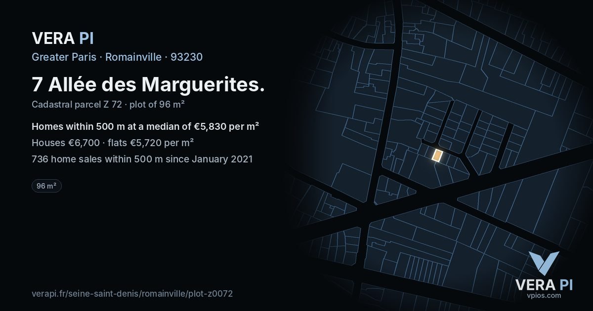 7 Allée des Marguerites, Romainville at night – the plot lit, the parcels around coloured by the prices near them