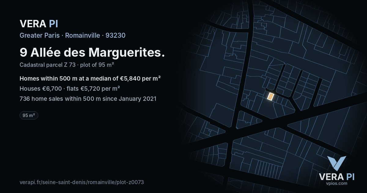 9 Allée des Marguerites, Romainville at night – the plot lit, the parcels around coloured by the prices near them
