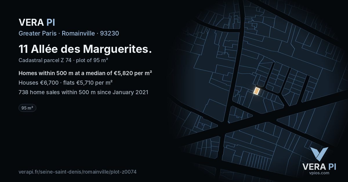 11 Allée des Marguerites, Romainville at night – the plot lit, the parcels around coloured by the prices near them
