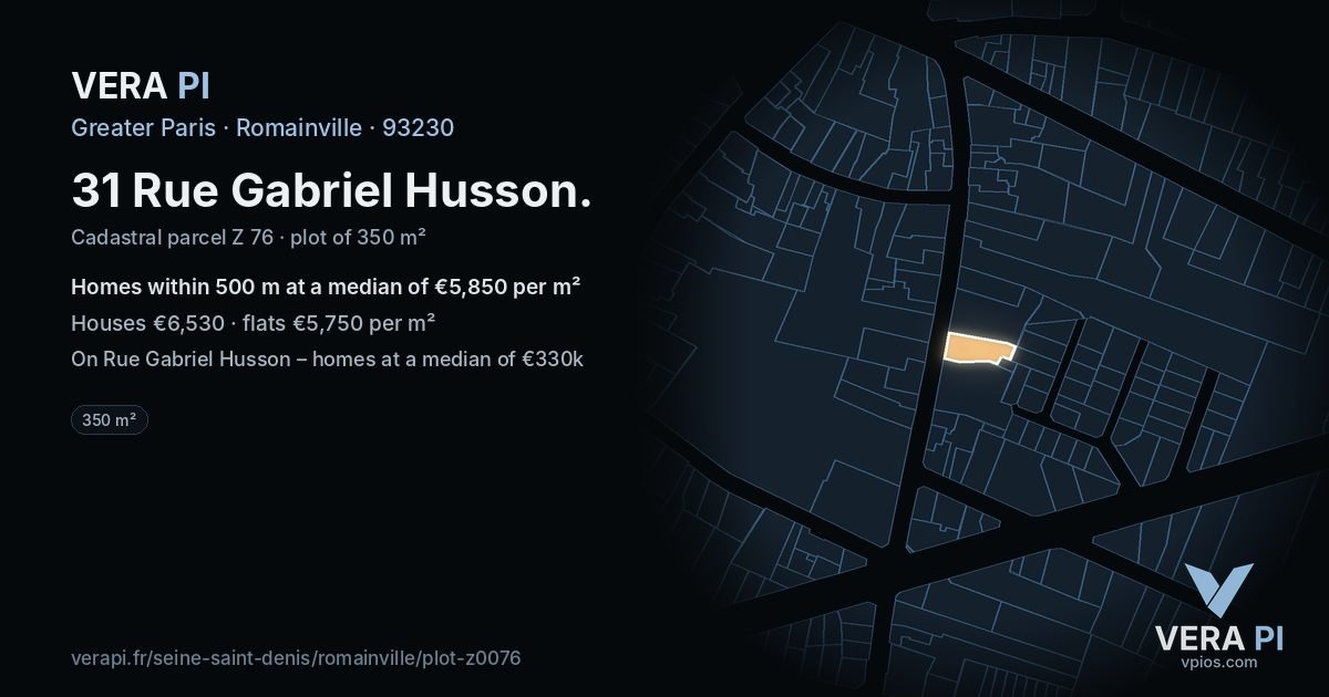 31 Rue Gabriel Husson, Romainville at night – the plot lit, the parcels around coloured by the prices near them