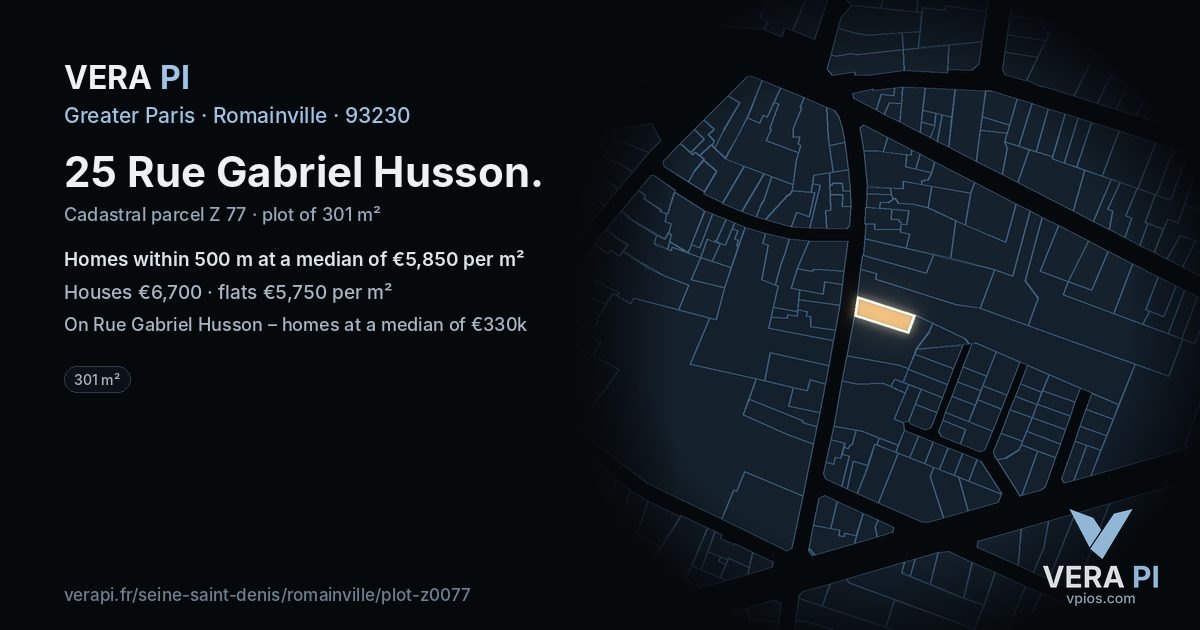 25 Rue Gabriel Husson, Romainville at night – the plot lit, the parcels around coloured by the prices near them