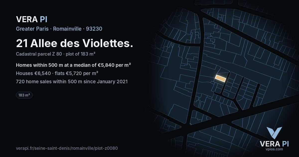 21 Allee des Violettes, Romainville at night – the plot lit, the parcels around coloured by the prices near them