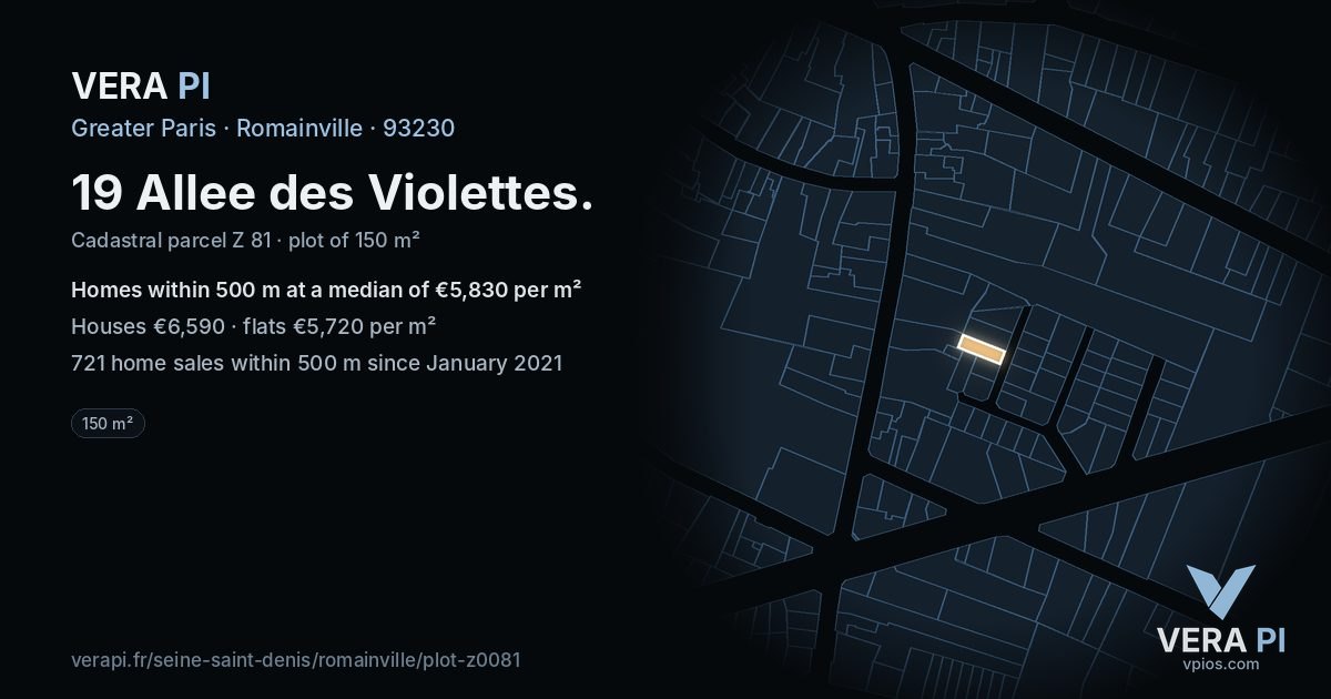 19 Allee des Violettes, Romainville at night – the plot lit, the parcels around coloured by the prices near them
