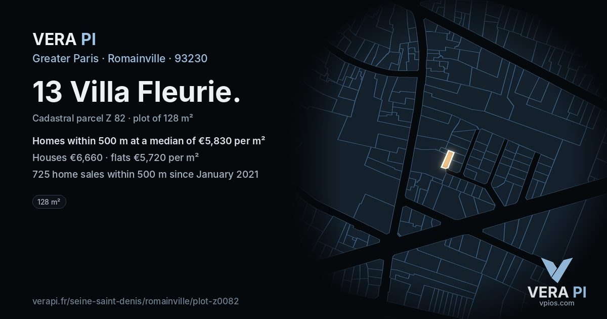 13 Villa Fleurie, Romainville at night – the plot lit, the parcels around coloured by the prices near them