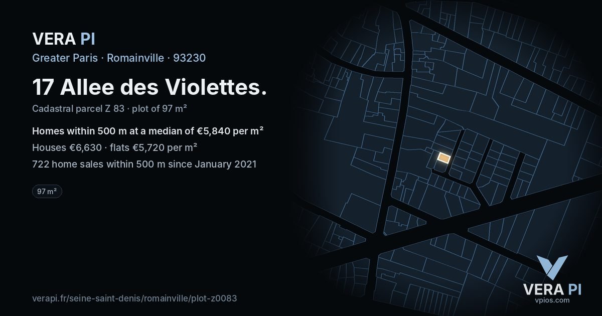 17 Allee des Violettes, Romainville at night – the plot lit, the parcels around coloured by the prices near them