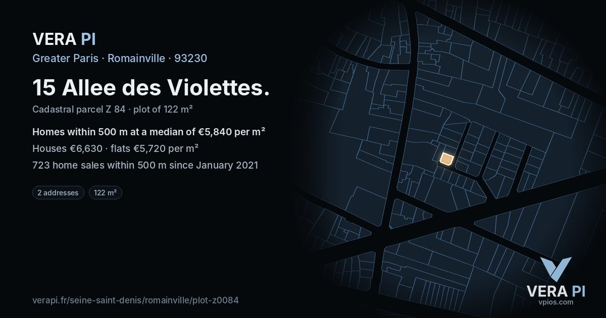 15 Allee des Violettes, Romainville at night – the plot lit, the parcels around coloured by the prices near them