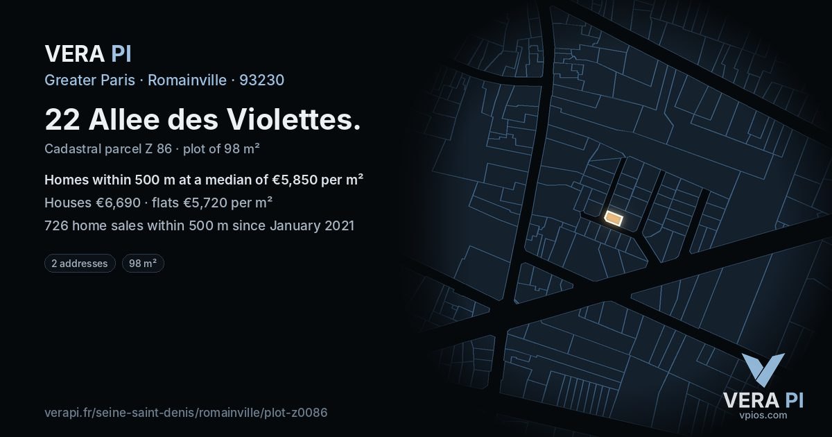 22 Allee des Violettes, Romainville at night – the plot lit, the parcels around coloured by the prices near them