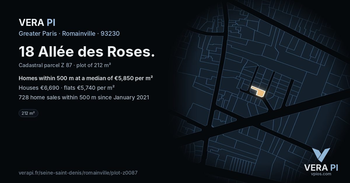 18 Allée des Roses, Romainville at night – the plot lit, the parcels around coloured by the prices near them