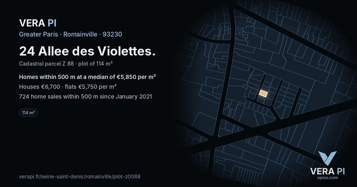 24 Allee des Violettes, Romainville at night – the plot lit, the parcels around coloured by the prices near them