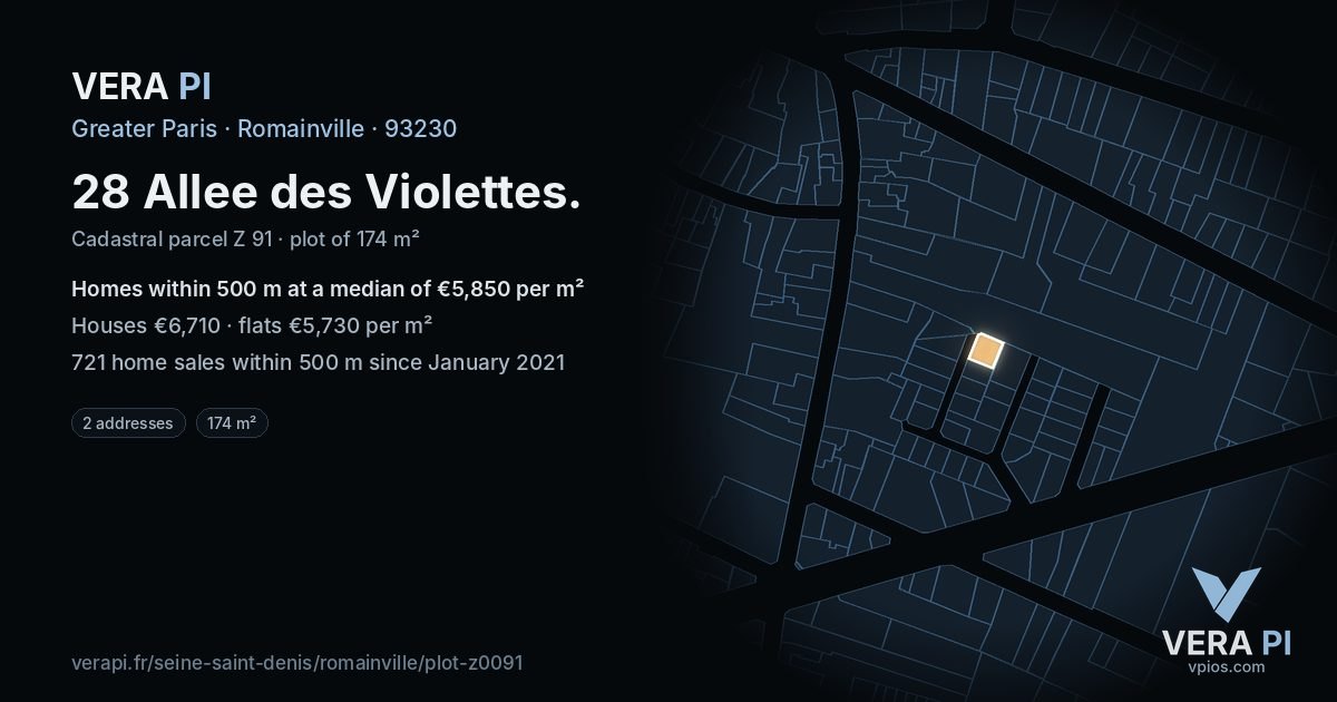 28 Allee des Violettes, Romainville at night – the plot lit, the parcels around coloured by the prices near them