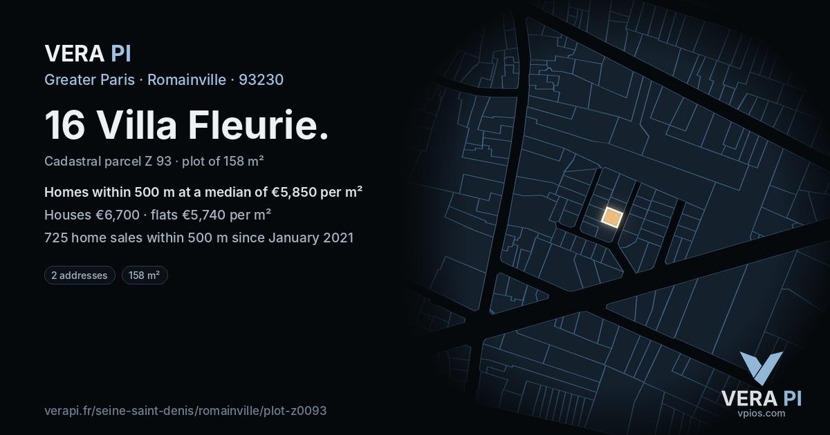 16 Villa Fleurie, Romainville at night – the plot lit, the parcels around coloured by the prices near them