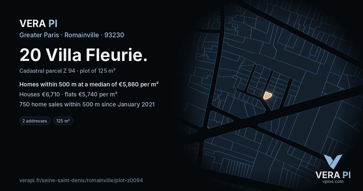 20 Villa Fleurie, Romainville at night – the plot lit, the parcels around coloured by the prices near them
