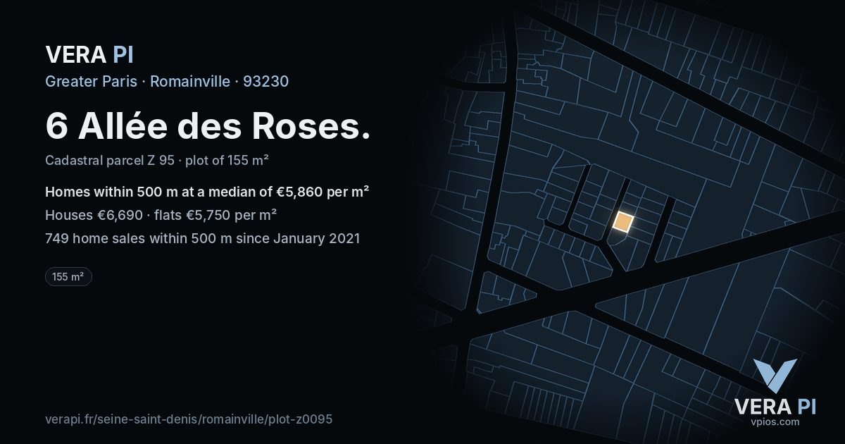 6 Allée des Roses, Romainville at night – the plot lit, the parcels around coloured by the prices near them