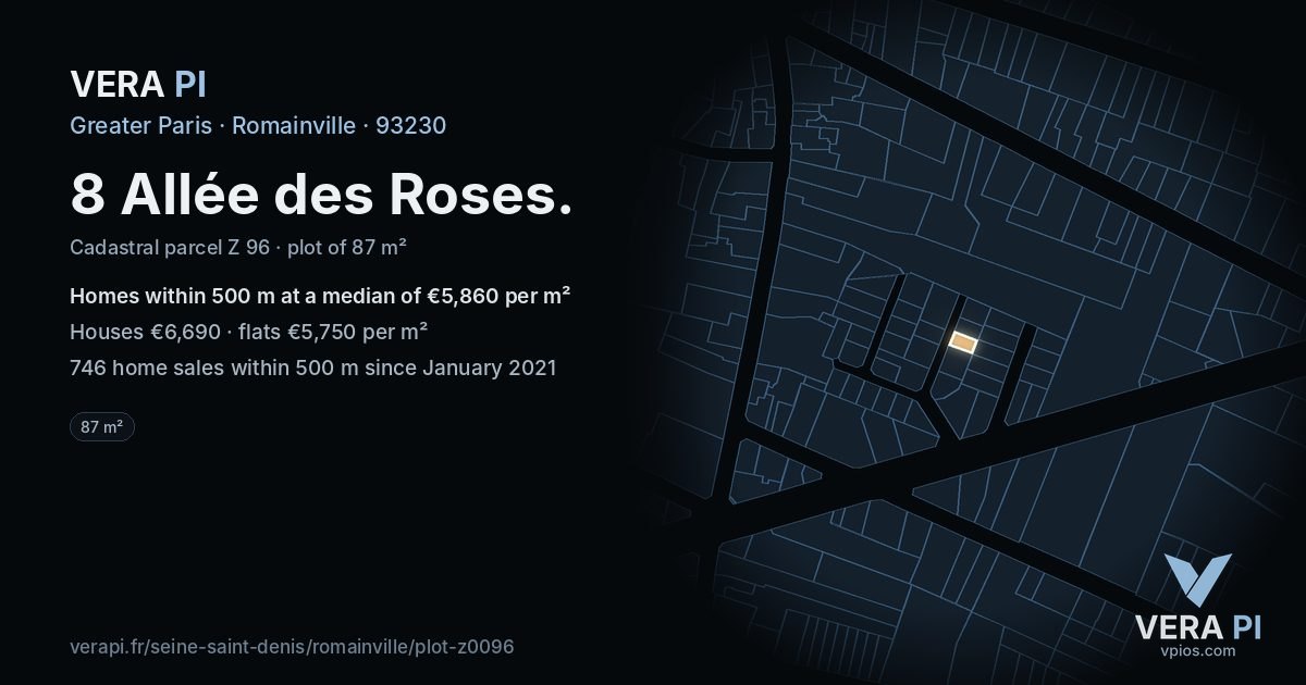 8 Allée des Roses, Romainville at night – the plot lit, the parcels around coloured by the prices near them