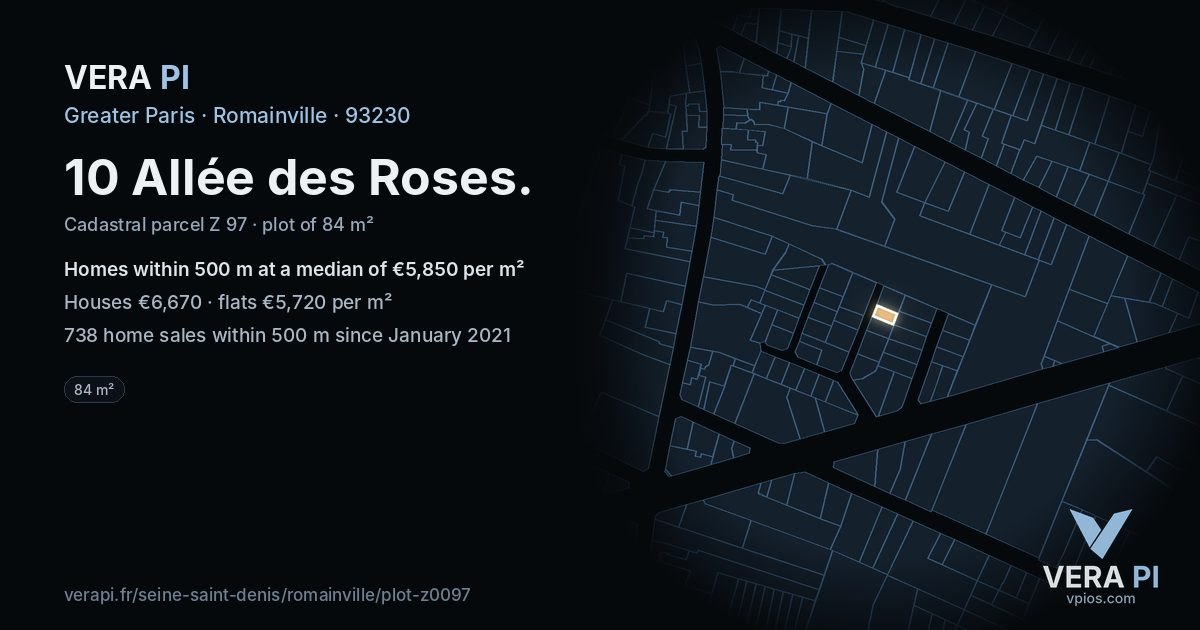 10 Allée des Roses, Romainville at night – the plot lit, the parcels around coloured by the prices near them