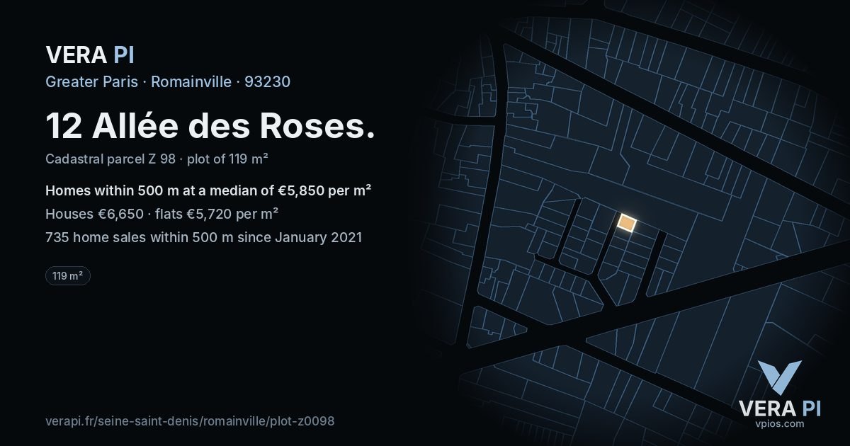 12 Allée des Roses, Romainville at night – the plot lit, the parcels around coloured by the prices near them