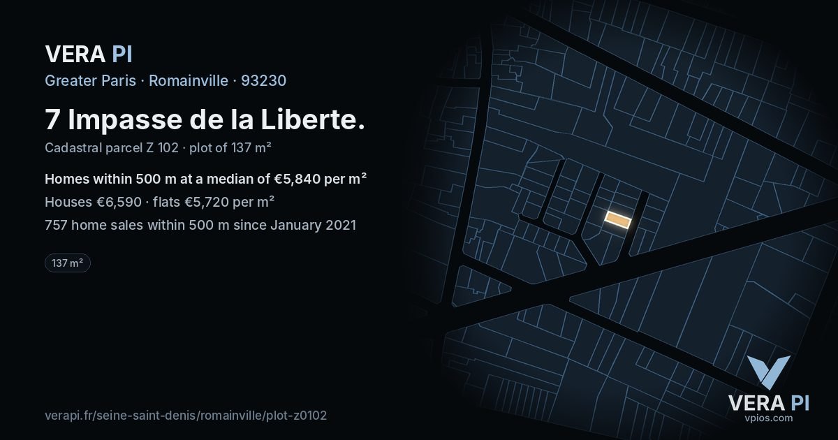 7 Impasse de la Liberte, Romainville at night – the plot lit, the parcels around coloured by the prices near them