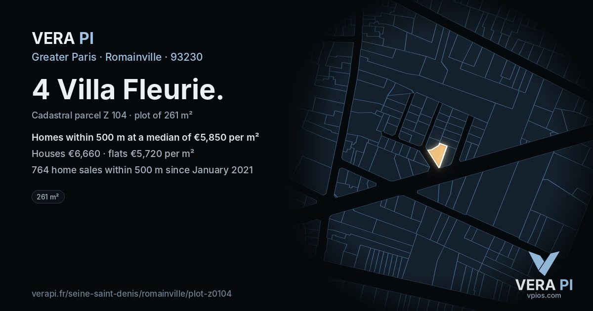 4 Villa Fleurie, Romainville at night – the plot lit, the parcels around coloured by the prices near them